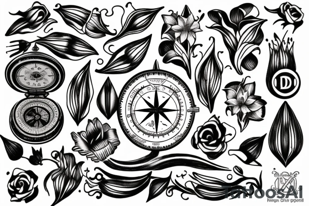 "non ducor, duco" in quotations in latin script surrounded by lilies and a compass tattoo idea