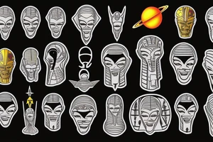 Alien head in space around planets with a ufo abducting a Pharoah from Egypt tattoo idea