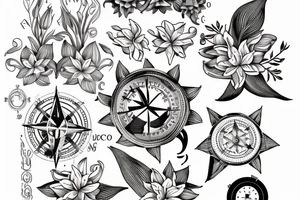 "non ducor, duco" in quotations in latin script surrounded by lilies and a compass tattoo idea
