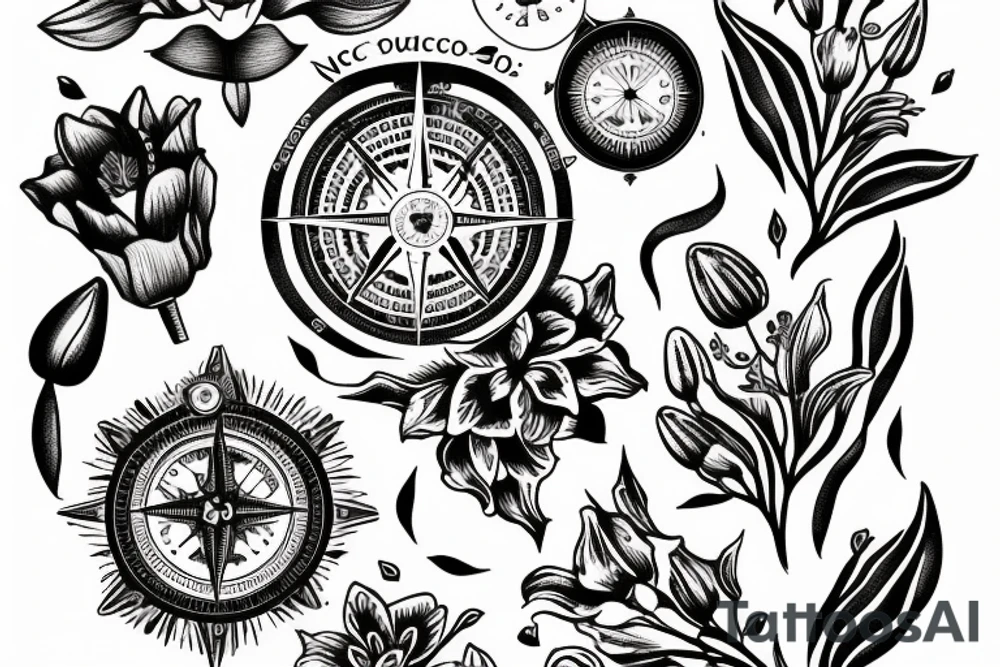 "non ducor, duco" in quotations in latin script surrounded by lilies and a compass tattoo idea