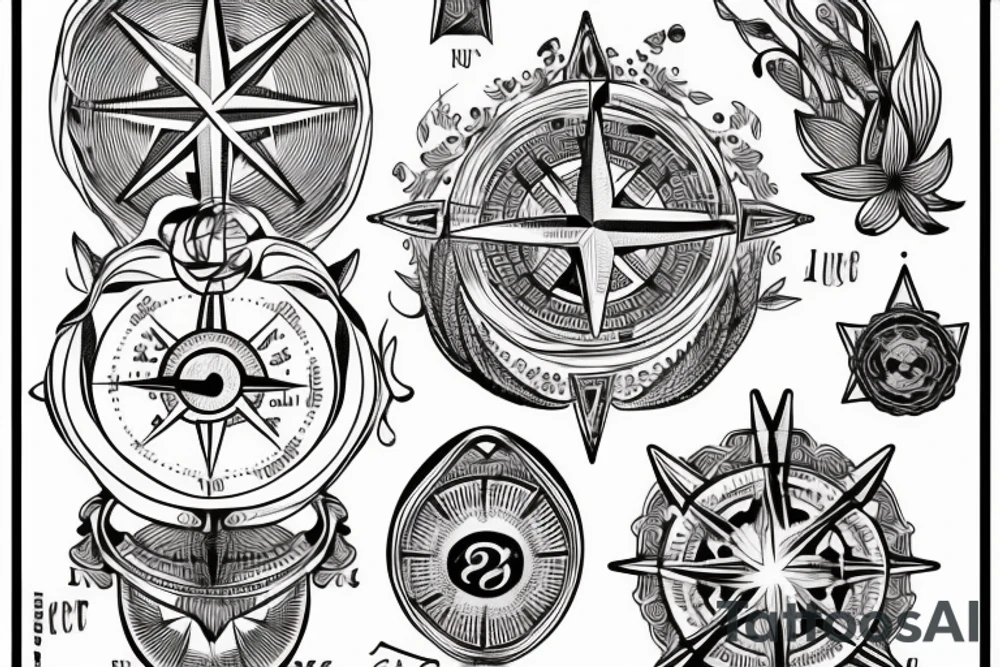 "non ducor, duco" in quotations in latin script surrounded by lilies and a compass tattoo idea