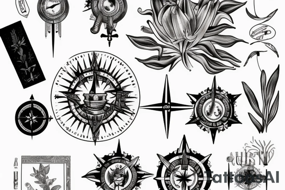 "non ducor, duco" in quotations in latin script surrounded by lilies and a compass tattoo idea