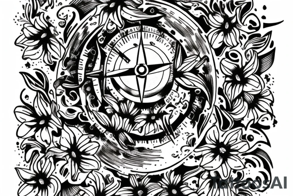 "non ducor, duco" in quotations in latin script surrounded by lilies and a compass tattoo idea