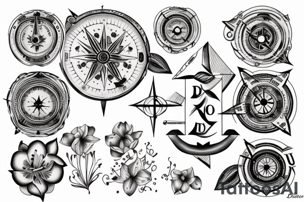 "non ducor, duco" in quotations in latin script surrounded by lilies and a compass tattoo idea