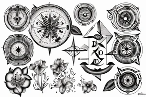 "non ducor, duco" in quotations in latin script surrounded by lilies and a compass tattoo idea