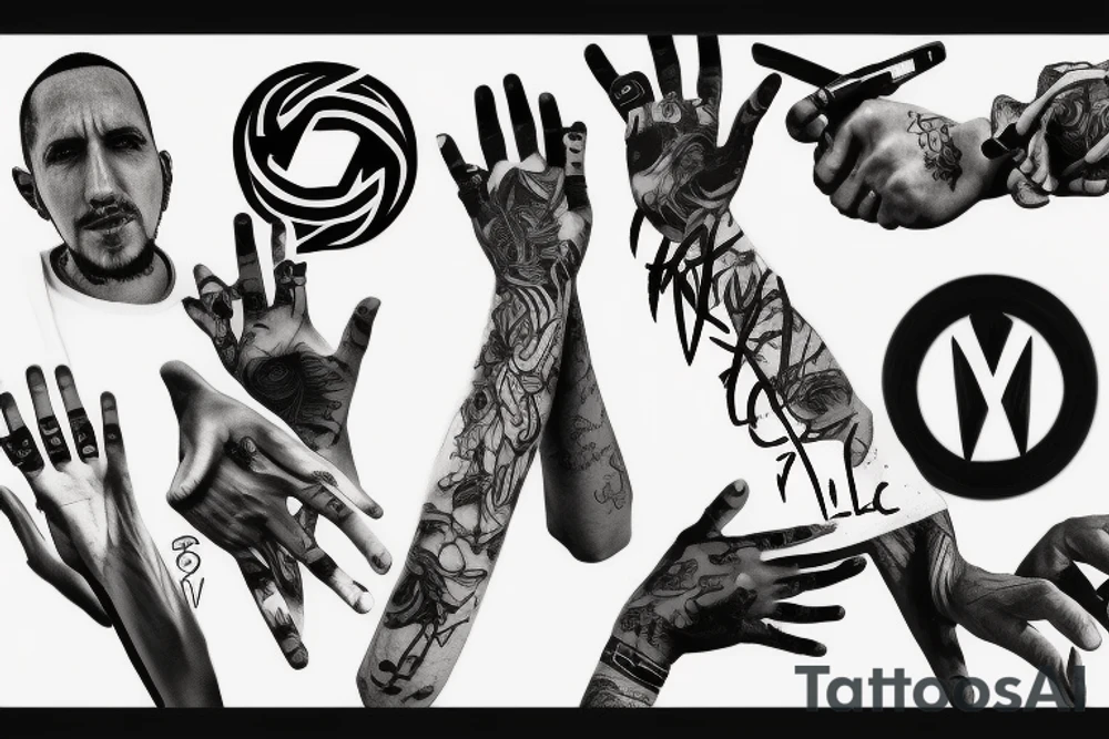 image which has 2 hands
One of them is of Chester , and the other hand is reaching out to him
And between them is the Linkin Park symbol tattoo idea