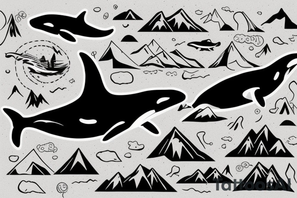 Orca whale with mountains inside design tattoo idea
