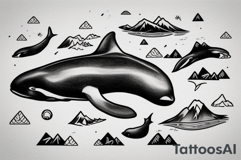 Orca whale with mountains inside design tattoo idea