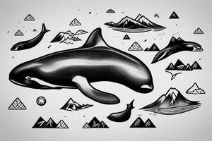 Orca whale with mountains inside design tattoo idea