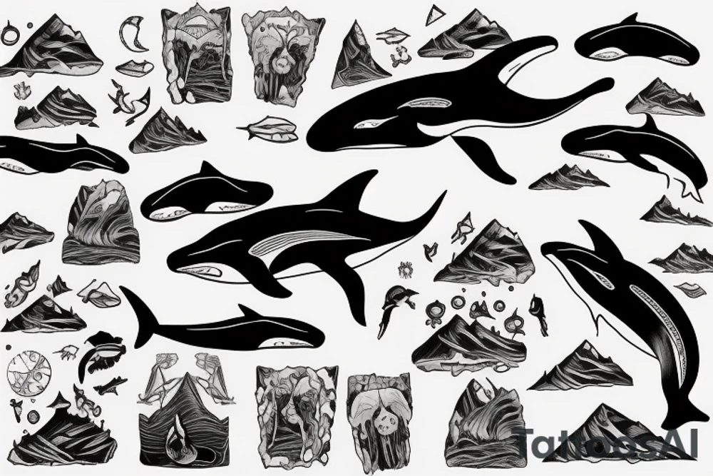 Mountains inside killer whale tattoo idea