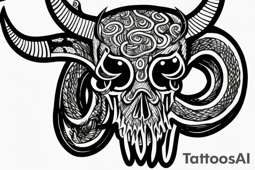 bull skull with snake coming out of the horns tattoo idea