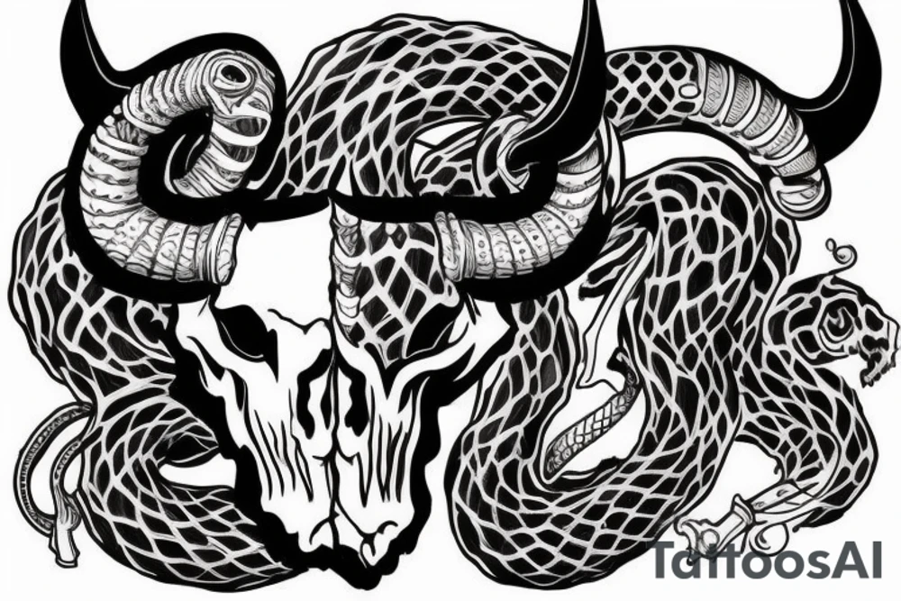 bull skull with snake coming out of the horns tattoo idea