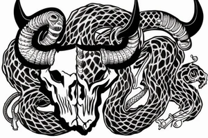 bull skull with snake coming out of the horns tattoo idea