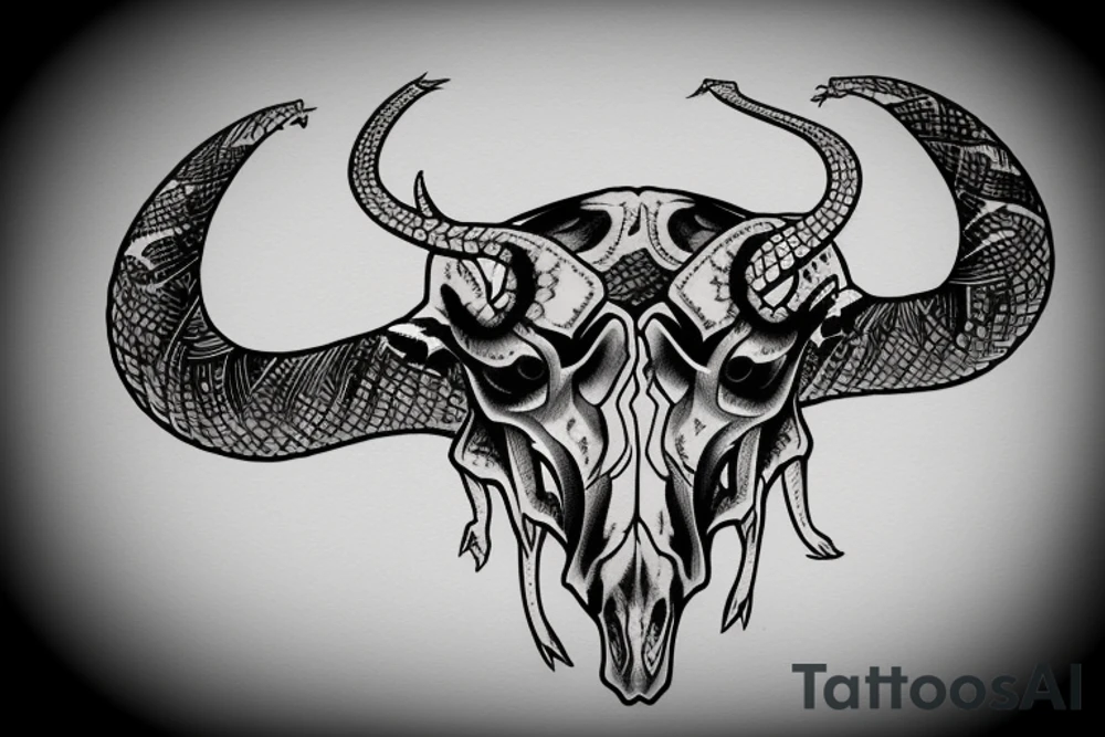 bull skull with snake coming out of the horns tattoo idea