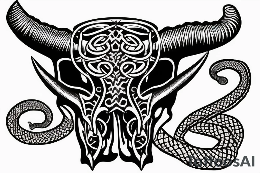 bull skull with snake coming out of the horns tattoo idea