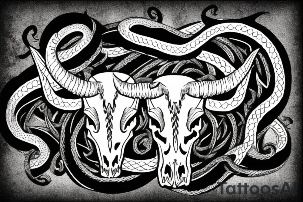 bull skull with snake coming out of the horns tattoo idea