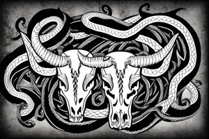 bull skull with snake coming out of the horns tattoo idea