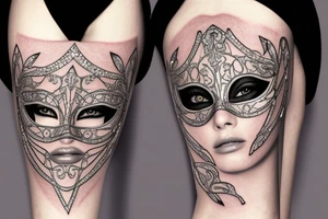 Woman's face in a diamond jeweled masquerade mask surround by geometric shapes tattoo idea