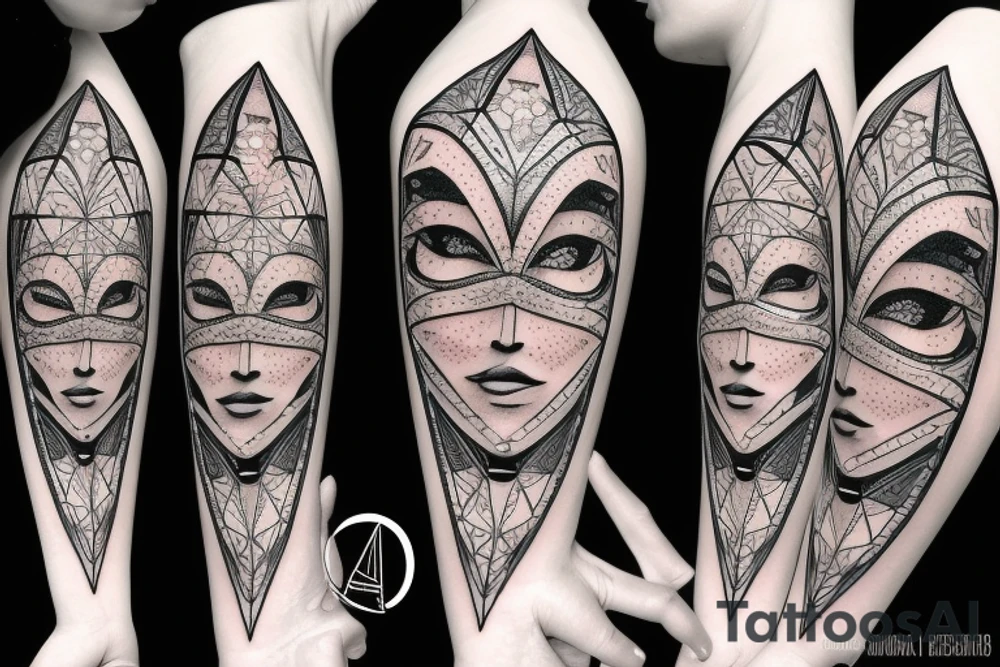 Woman's face in a diamond jeweled masquerade mask surround by geometric shapes tattoo idea
