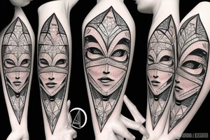 Woman's face in a diamond jeweled masquerade mask surround by geometric shapes tattoo idea