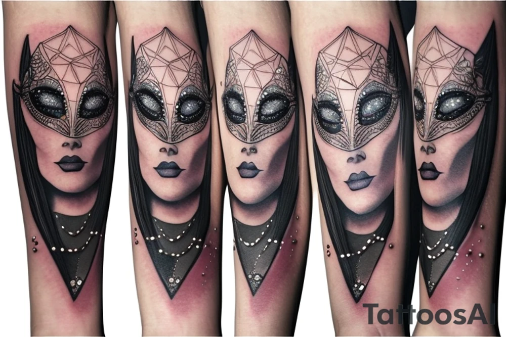 Woman's face in a diamond jeweled masquerade mask surround by geometric shapes tattoo idea