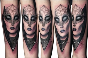Woman's face in a diamond jeweled masquerade mask surround by geometric shapes tattoo idea