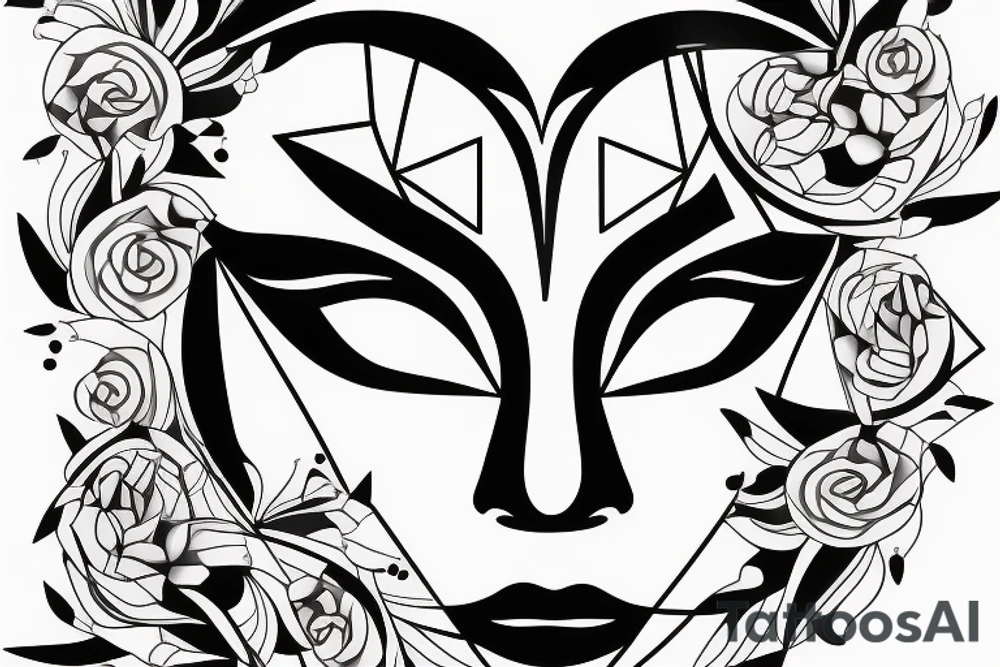 Woman's face in a diamond jeweled masquerade mask surround by geometric shapes tattoo idea