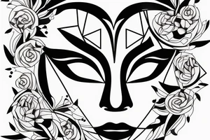 Woman's face in a diamond jeweled masquerade mask surround by geometric shapes tattoo idea