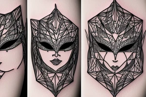 Woman's face in a diamond jeweled masquerade mask, hair coming across the mask surround by geometric shapes tattoo idea