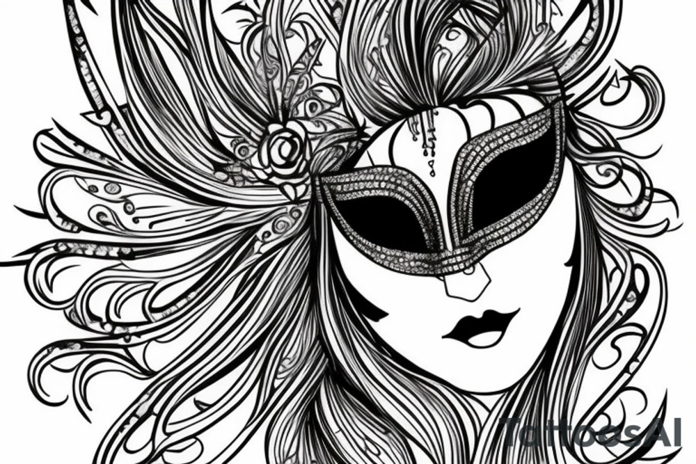 Woman's face in a diamond jeweled masquerade mask, hair coming across the mask surround by geometric shapes tattoo idea