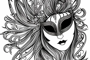 Woman's face in a diamond jeweled masquerade mask, hair coming across the mask surround by geometric shapes tattoo idea
