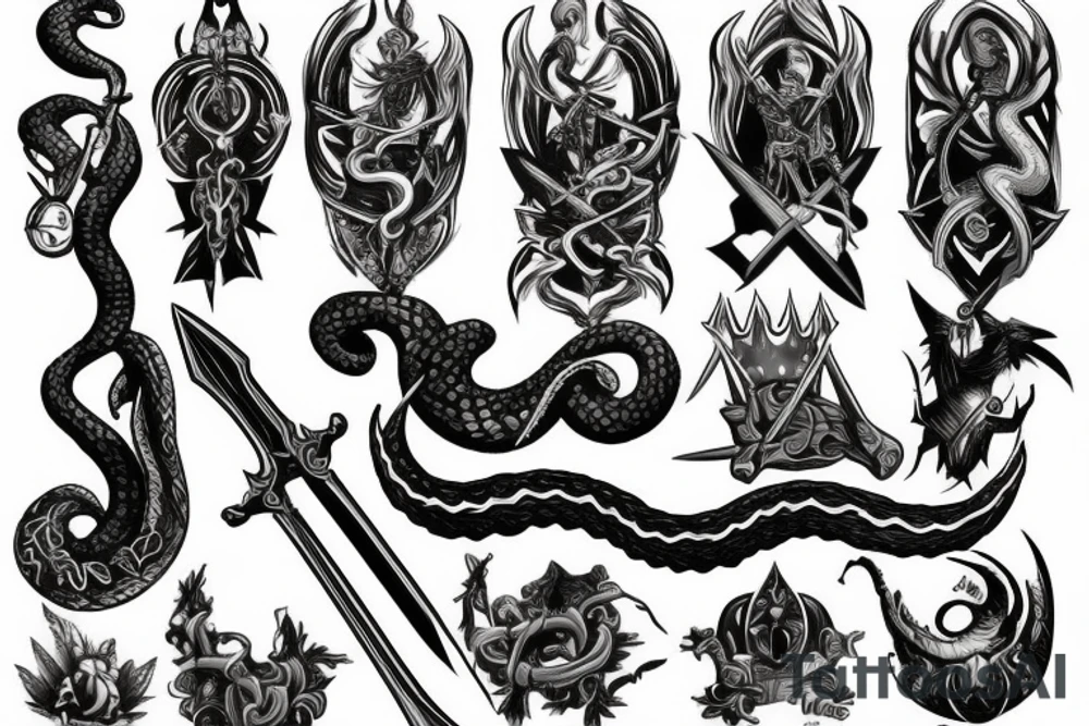 sword, snake, crown, angel wings tattoo idea