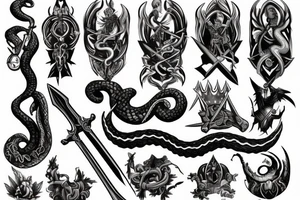 sword, snake, crown, angel wings tattoo idea