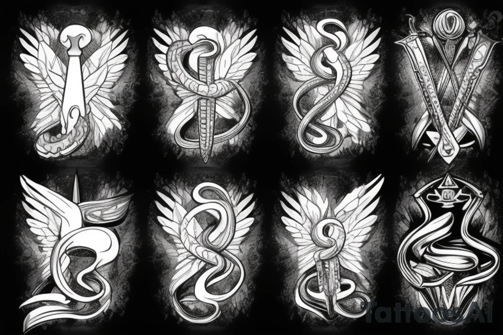 sword, snake, crown, angel wings tattoo idea