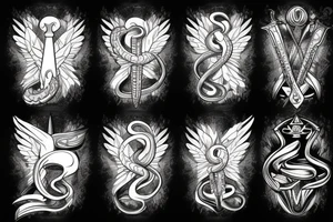 sword, snake, crown, angel wings tattoo idea