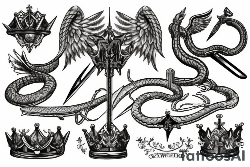 sword, snake, crown, angel wings tattoo idea