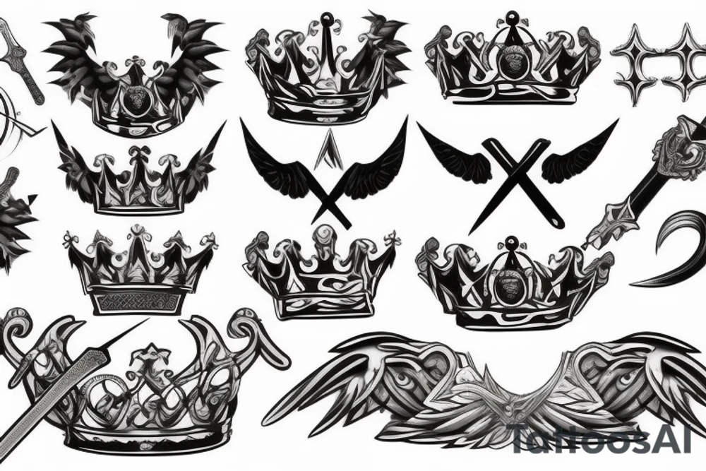 sword, snake, crown, angel wings tattoo idea
