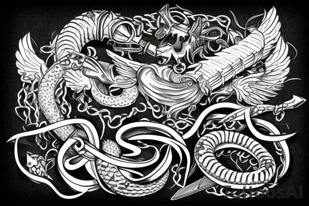 sword, snake, crown, angel wings tattoo idea