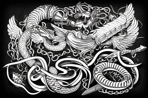 sword, snake, crown, angel wings tattoo idea