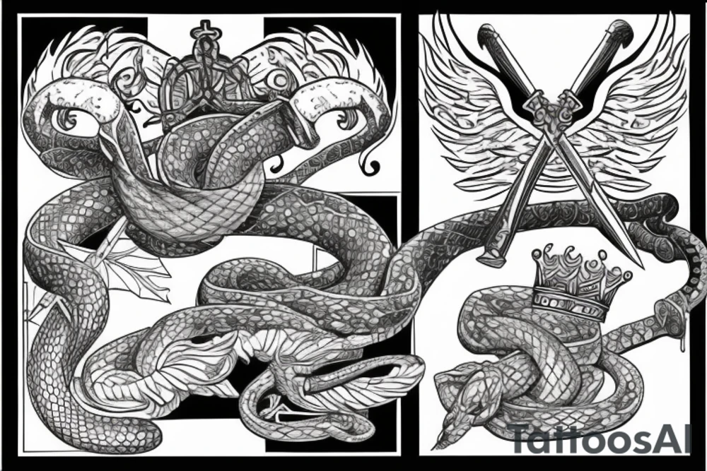 sword, snake, crown, angel wings tattoo idea