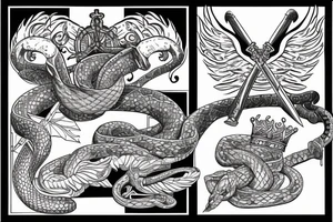 sword, snake, crown, angel wings tattoo idea