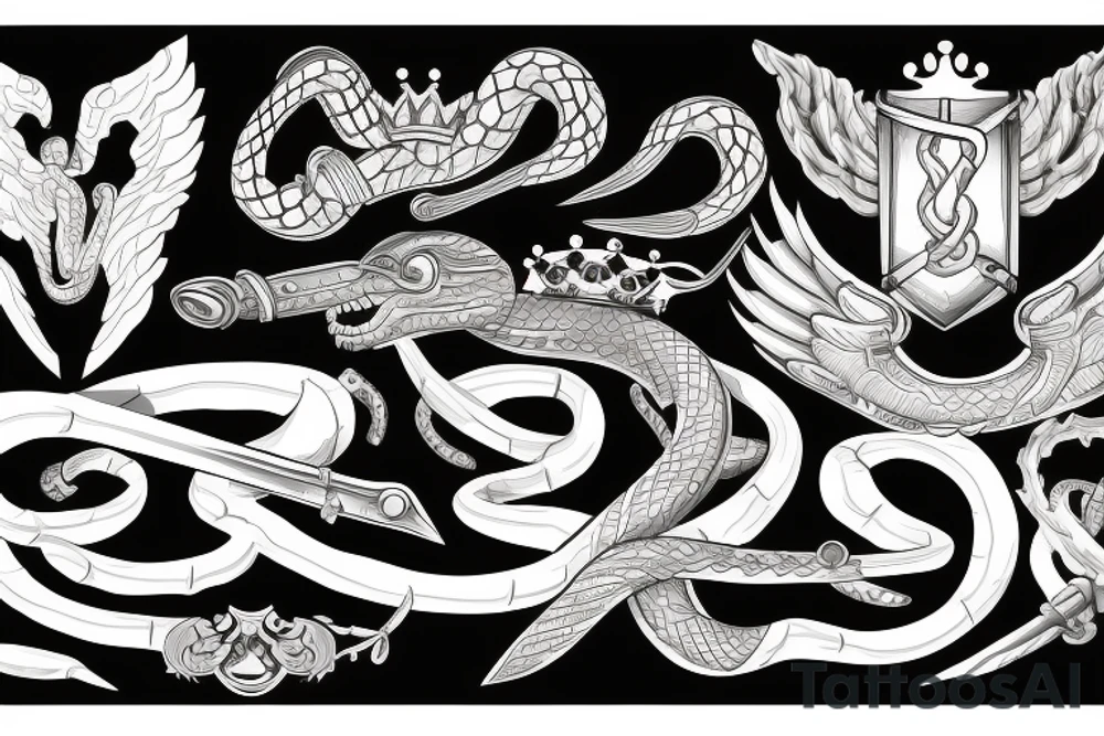 sword, snake, crown, angel wings tattoo idea