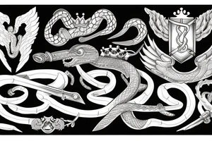 sword, snake, crown, angel wings tattoo idea