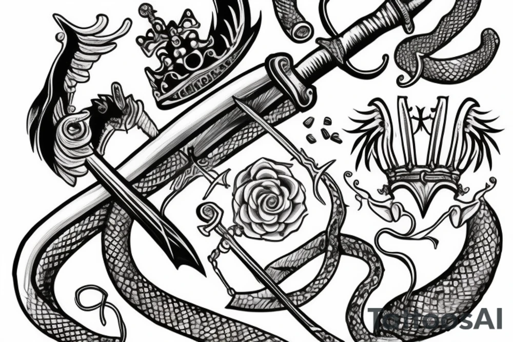 sword, snake, crown, angel wings tattoo idea