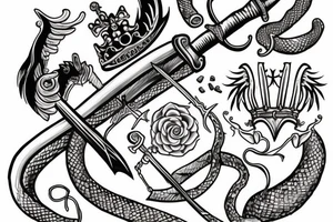 sword, snake, crown, angel wings tattoo idea