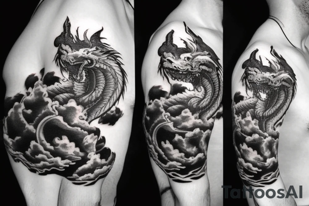 Dragon with clouds and lightning in background tattoo idea Dragon with clouds and lightning in background tattoo idea