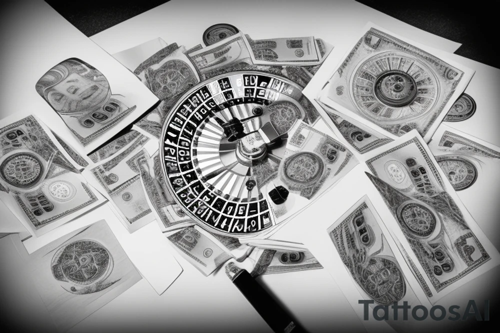stack of dollars under a roulette spinning and the whirl of spinning roulette should reveal a city with scyscrapers tattoo idea