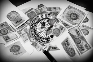 stack of dollars under a roulette spinning and the whirl of spinning roulette should reveal a city with scyscrapers tattoo idea