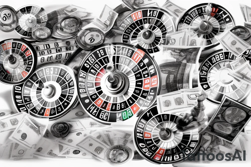 stack of dollars under a roulette spinning and the whirl of spinning roulette should reveal a city with scyscrapers tattoo idea