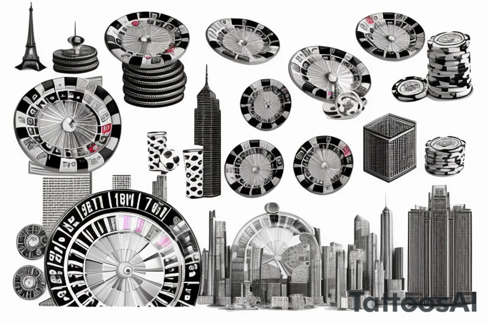 stack of dollars under a roulette spinning and city with skyscrapers on top tattoo idea